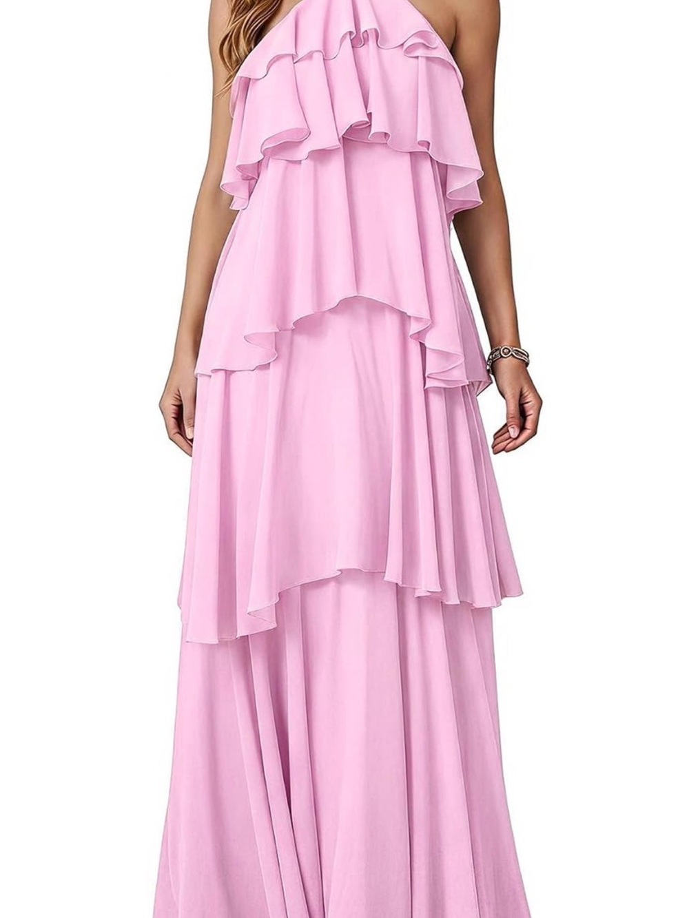 Romantic Layered Ruffle Maxi Dress in Light Pink